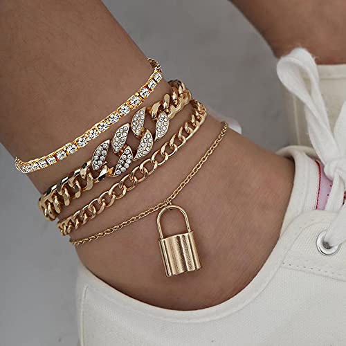 Yfstyle 4Pcs Cuban Link Ankle Bracelet Cuban Chain Anklet Butterfly Anklet Set Cuban Link Rhinestone Tennis Anklet Set For Women Summer Beach Adjustable Layered Rhinestone Anklets-Gold Lock #TOP1