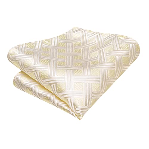 Image of Hi-Tie Beige Yellow Plaid Men's Dress Tie Sets Silk Woven Neckties and Pocket Square Lapel Pin Silver Tie Clip Cufflinks Set Wedding Business 6PCS