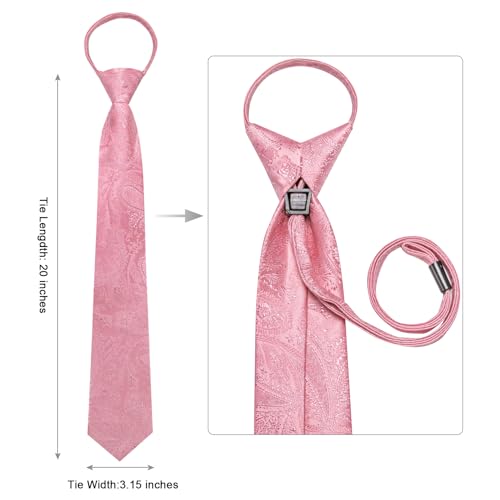 Image of Hi-Tie Zipper Pink Paisley Ties for Men Adjustable Pre-Tied Necktie Lapel Pin Pocket Square Cufflinks Set