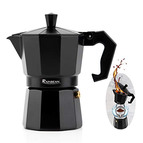 Stovetop Espresso Maker RAINBEAN 3-Cup Espresso Cup Moka Pot Percolator Italian Coffee Maker Classic Cafe Maker Italian Espresso for Gas or Electric Aluminum Black