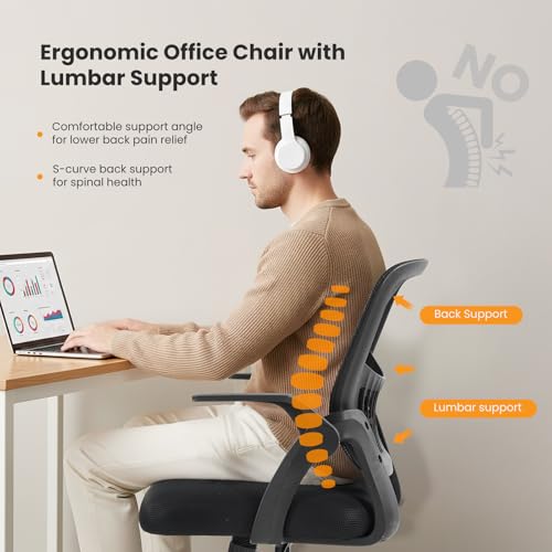 Image of Sweetcrispy Home Office Managerial Executive Chair, Flip Up Armrest Ergonomic Mesh Adjustable Swivel Mid-Back Computer Desk Chair with Comfortable Lumbar Support, Comfy Arms for Bedroom,Study