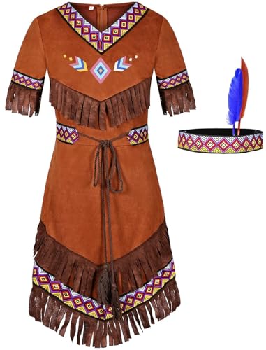 Gorkonpy Native American Costume Girls with Headdress (Brown 8-9Years)