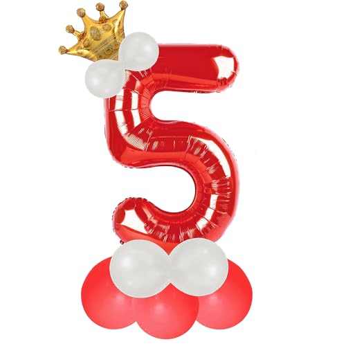 Image of Red 5 Number Foil Balloon with Crown & Base Balloons | 32 Inch Helium Supported for Birthday, Anniversary, Baby Shower Decoration - Pack of 14