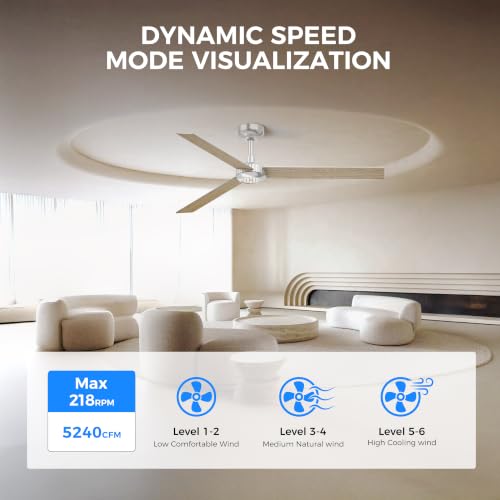 Image of TALOYA 52 inch Ceiling Fan,Silver Finish,6-Speed,Dimmable,Noiseless,Reversible DC Motor,3 blades