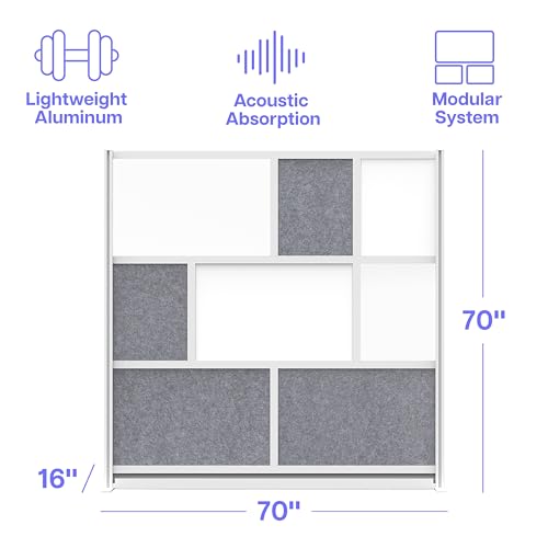 Image of Room Divider for Office Privacy - Modular Freestanding Partition with Whiteboard, PET Acoustic Panel, and Frosted Acrylic, Workflow Multi-Functional Wall, Gray Frame, Easy Assembly (70 inch x 70 inch)