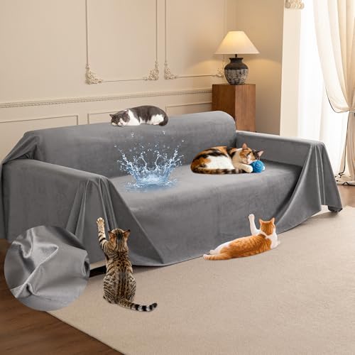Loiion Protector Funda Sofa Cómodo y Suave, Funda Antiarañazos Gatos Sofa, Fundas Sofas 3 y 2 Plazas, Impermeab Cubierta de Sofá, Antideslizante Antimanchas Fundas Protectora de Sofá Gris 300x180cm