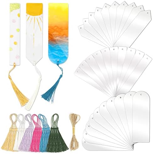 RAHATA Acrylic Bookmarks Blanks Bulk 61PCS Clear Bookmark Plastic Blank 30 Set with Tassels & Twine String for Vinyl DIY Craft (3 Shape of Bookmarks and 6 Color Tassels)