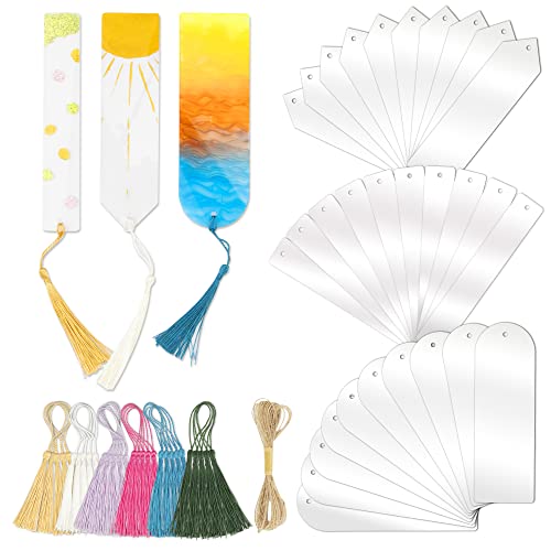 RAHATA Acrylic Bookmarks Blanks Bulk 61PCS Clear Bookmark Plastic Blank 30 Sets with 6 Color Tassels & Twine String for Vinyl DIY Craft (3 Shape of Bookmarks)