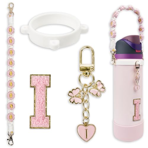 Cute Letter Charm Set with Secure Handle Strap, Silicone Ring, Monogram Sticker and Personalized Decoration for Owala Compatible Water Bottle, Travel Carry, School, Gift and Daily Use (Pink, I)