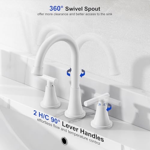 Image of Bathroom Faucet 3 Hole, White Faucets with Pop-up Drain and Supply Lines