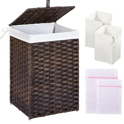 Image of Greenstell Laundry Hamper with Lid, 60L Clothes Hamper with 2 Removable Liner Bags & 2 Mesh Laundry Bags, Handwoven Synthetic Rattan Laundry Basket for Clothes, Toys in Bathroom, Bedroom Brown