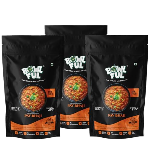 BowlFul Pack of 3 Jain Pav Bhaji, 50 gms, Rich Tomato Gravy with Mashed Vegetables and Spices. 100% Natural, Freeze Dried Food,