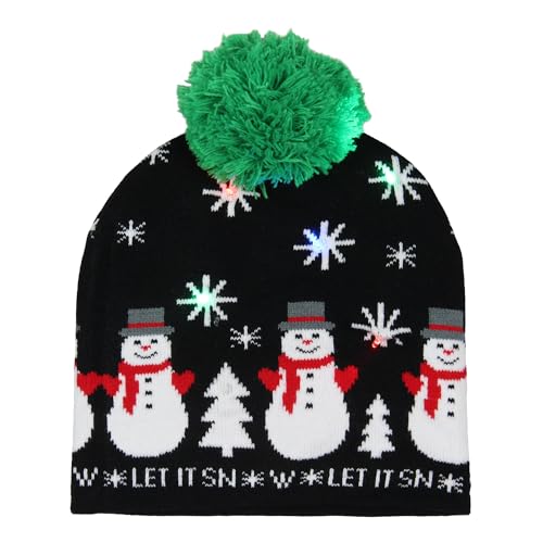 Festive Snowman Let It Snow Adult Novelty Light Up Knit Beanie Pom Pom Winter Hat Cold Weather Cap OSFM Men Women