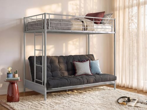 Vente-unique - Lit Mezzanine 90 x 190 cm - avec Banquette Convertible - Métal - Argent + Futon Noir - MODULO V - pour Enfant