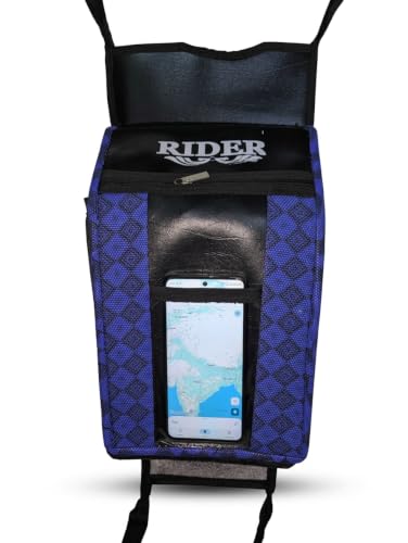 Image of Universal Bike Fuel Tank Bag with Clear Mobile Touch Pocket & Dual Zip | Rexine Leather Tank Cover Compatible with Splendor, Shine, SP 125, Pulsar, Platina, Glamour, Unicorn, Raider (Blue & Black)