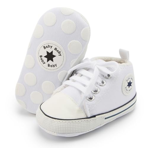 Image of KIDSUN Tutoo Unisex Baby Boys Girls High Top Sneaker Soft Anti-Slip Sole Newborn Infant First Walkers Canvas Denim Shoes