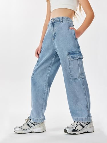 Haloumoning Girls Jeans Denim Elastic High Waisted Wide Leg Baggy Cargo Pants with Pockets 5-14 Years3