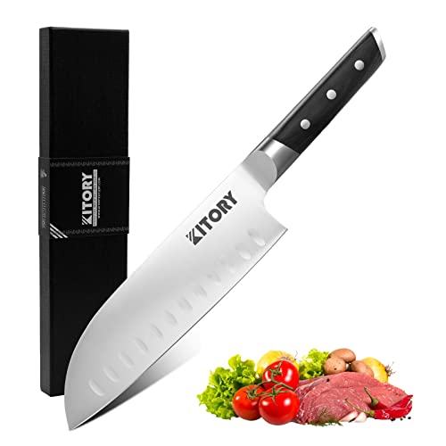 Kitory Santoku Knife 7", Metadrop Series, Forged German High Carbon Steel, Full Tang, Pakkawood Handle, Japanese Kitchen Chopping Knife For Vegetables Fruit And Cheese, Gift Box Included #TOP22