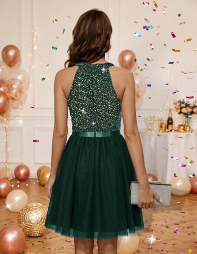 Image of Dressystar Women's Sequin Short Prom Dress Sparkly Halter Tulle Cocktail Party Homecoming Dresses