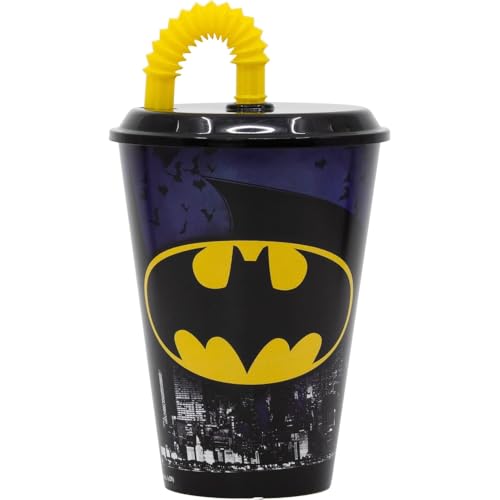 CARTOON Gobelet avec paille pour enfants, gobelet en plastique réutilisable semi-rigide sans BPA capacité 430 ml (Batman)