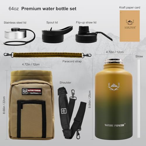 Image of NATURE PIONEOR 64 oz Insulated Water Bottle with Carrier Bag & 3 Lids