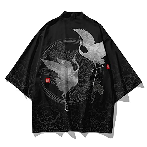 Image of DOSLAVIDA Men's Japanese Kimono Jacket Set Stylish Open Front Coat With Shorts Chinese Style Printed Cardigan Suit