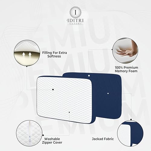 Image of Shredded Memory Foam Pillow, 50x30x6 cm High Density Core for Neck Pain Relief, Breathable White and Navy Blue Jacquard Cover, Orthopedic Bedding Support for Aligned Spine