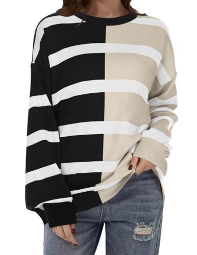Image of Zeagoo Womens Striped Oversized Sweater 2025 Crew Neck Long Sleeve Knitted Color Block Casual Loose Pullover Top