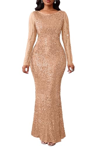 Image of VERWIN Women's Sequins Bodycon Round Neck Long Sleeve Sparkly Mermaid Maxi Dress for Casual Party Cocktail