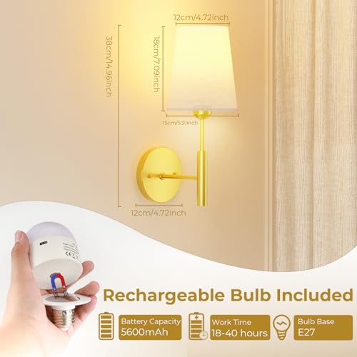Battery Operated Wall Lights, Rechargeable Wireless Wall Sconce Set of 2 with Remote Control, 3 Color Temperatures & RGB Dimmable, 5600mAh E27 Bulb, Wall Lights for Living Room, Bedroom, Hallway - Image 4