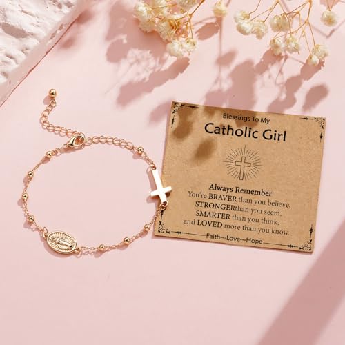 Catholic Virgin Mary Cross Bracelet Gifts for Girls Teens Women, Rosary Beads Charm Link Chain Bracelet Christmas Christian Religious Jewelry Gifts