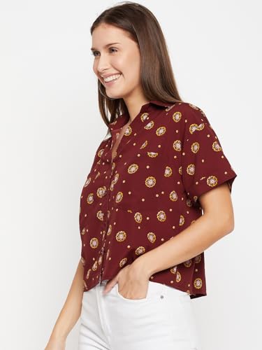 Image of Fashfun Women's Shirt (Floral Pink Crepe Top with Mandarin Collar & Full Sleeve)