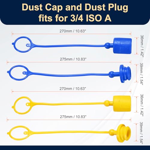 Image of HARFINGTON 2Sets 3 /4 Hydraulic Hose Dust Cap and Plug Kit, ISO-A Male Dust Cap & Female Plug Cover Quick Disconnects Air Coupler Cover Port Plug Fittings with Retention Ring, Blue /Yellow