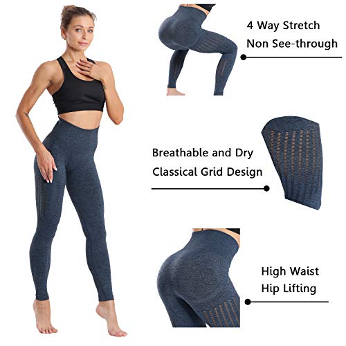 High Waisted Seamless Leggings for Women Tummy Control Workout Gym Butt Lifting Tights Mesh Yoga Pants Blue