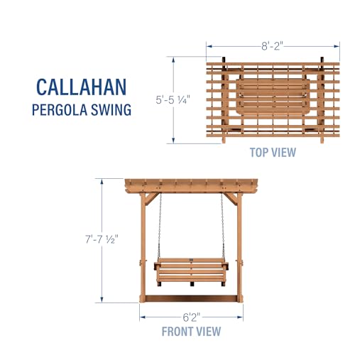 Image of Backyard Discovery Callahan 8' x 5' Cedar Wood Outdoor Patio Pergola Swing Bench with Trellis, Two-Person Seating, Chains, Water Resistance, 600 Lb Weight Capacity for Porch, Patio, Deck, Garden