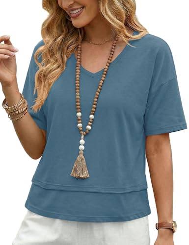 LOMON Womens V Neck Cotton T Shirts Summer Casual Cute