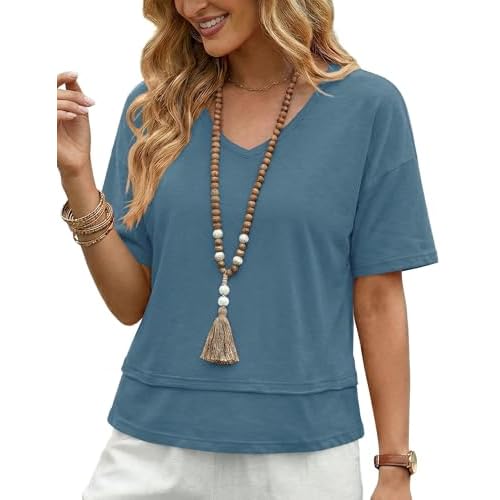 LOMON Women's V Neck 100% Cotton T Shirts Oversized Boxy Cropped Tops Casual Short Sleeve Summer Cute Tees