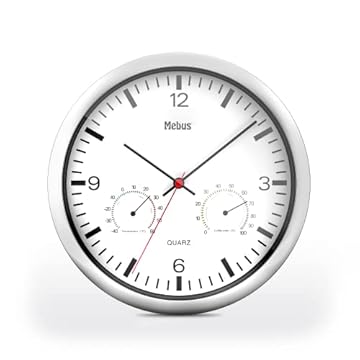 Mebus Quarz-Wanduhr mit Thermometer und Hygrometer/silberner Rahmen/weißes Zifferblatt / 25cm Durchmesser/Rund/Modell: 56730 / Farbe: Silber, Weiß