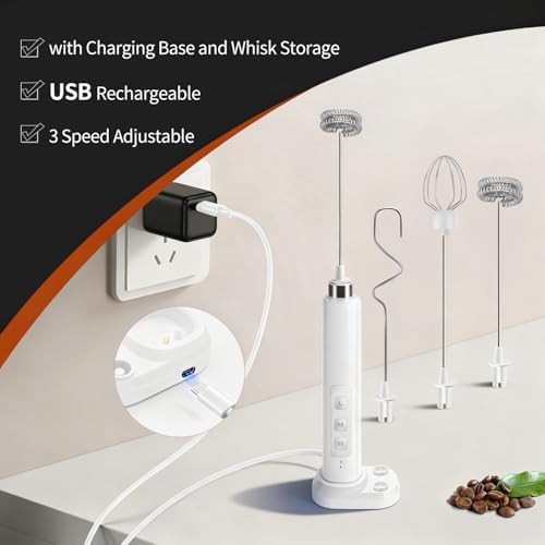 Rechargeable Milk Frother Handheld with 3 Detachable Stainless Whisks, 3 Speed Adjustable Drink Mixer, Mini Frother Wand for Coffee, Matcha, Protein Shakes, with Charging Base and Whisk Storage - 3