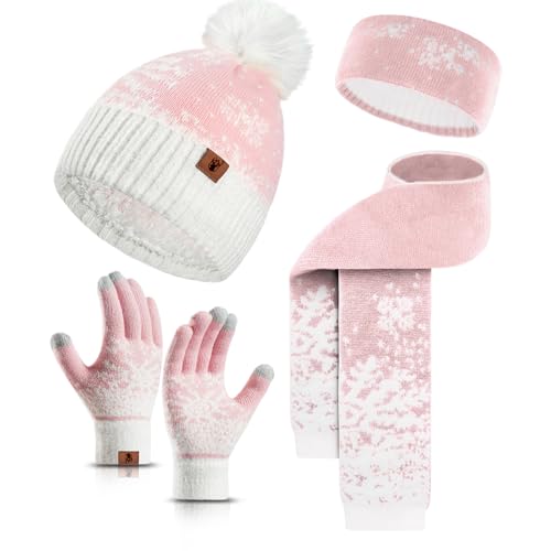 4 PCS Hat Gloves Scarf Set for Women with Winter Headband Warm Knit Gloves Scarf Fleece Beanie with Pom Pom