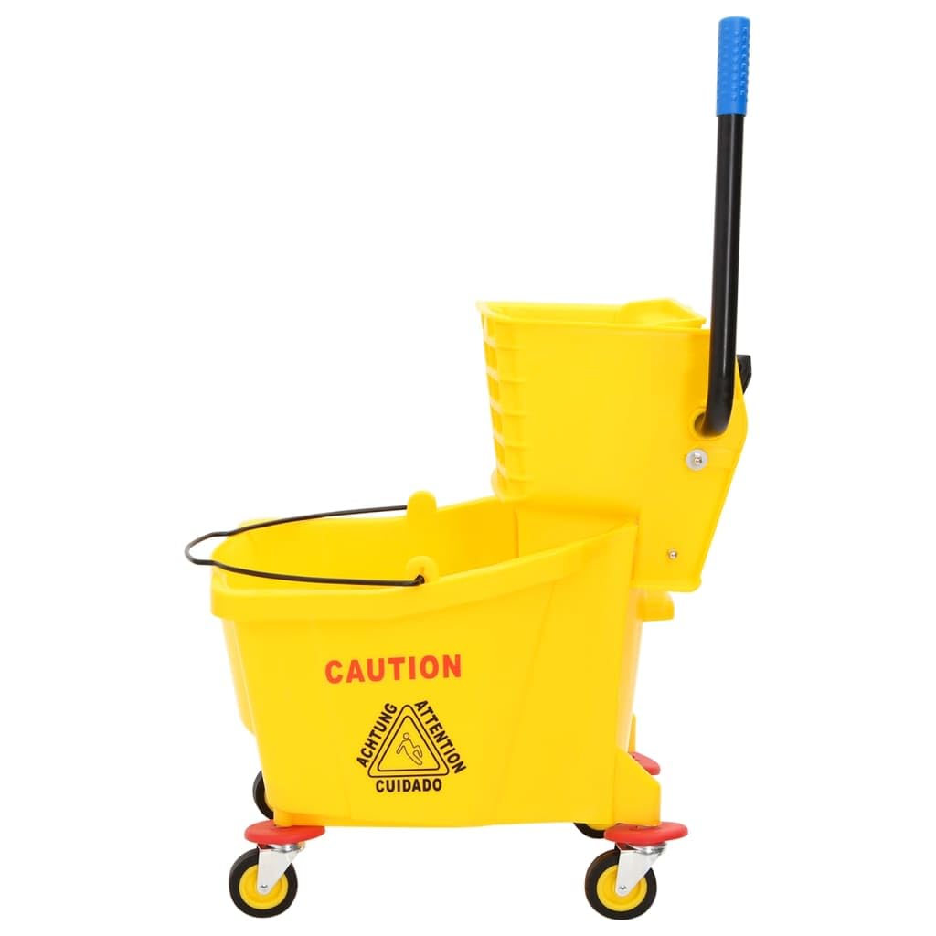 Cubo de fregona con prensa y ruedas amarillo 36 L polipropileno resistente con mango y señales de advertencia para oficina, restauración, hospital, limpieza de edificios