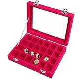 Pasutewel Earring Storage Case 24 Compartments Ring Velvet Display Case Box Earring Ring Organizer Velvet Jewelry Tray Cufflink Storage Showcase with Clear Glass Lid Hot Pink