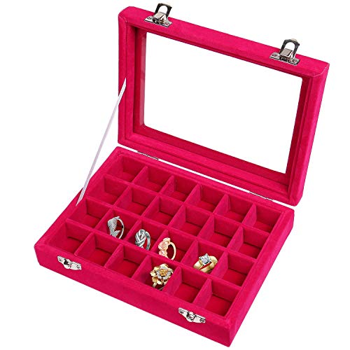 Pasutewel Earring Storage Case 24 Compartments Ring Velvet Display Case Box Earring Ring Organizer Velvet Jewelry Tray Cufflink Storage Showcase with Clear Glass Lid Hot Pink