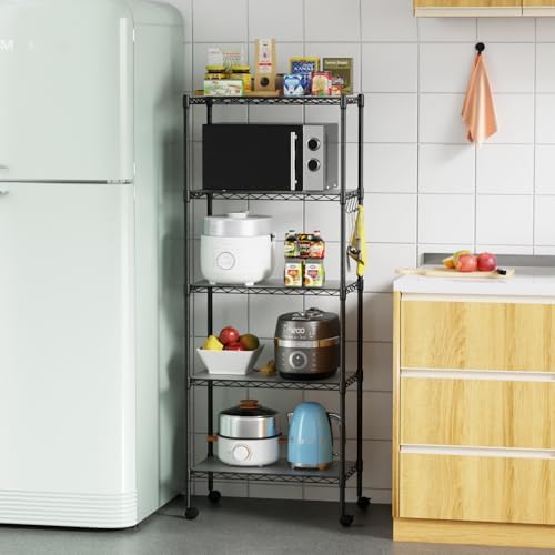 FDW 5-Tier Metal Wire Garage Storage Rack Shelf Unit for Garage/Kitchen,with Wheels,Black - 1