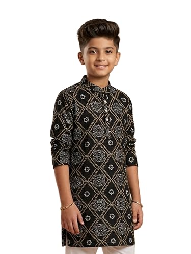 Image of KiddoPanti Boys 100% Cotton Ethnic Motif Printed Short Length Kurta