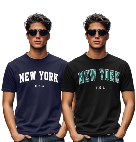 Image of Veirdo 100% Pure Cotton Regular Fit Cool & Trendy Front Printed Half Sleeve T-Shirt Combo for Men (Available Colors: Black, Navy, Swanwhite, White & Green)