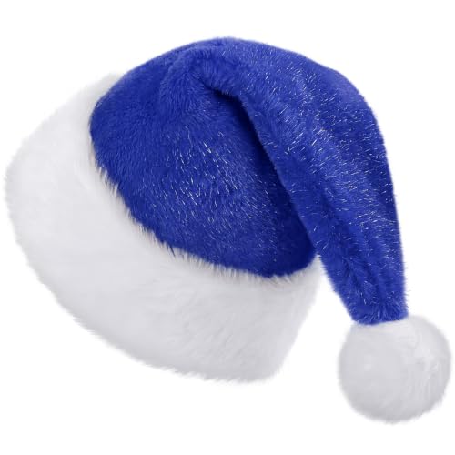 KONVINIT Chapeaux de Noël bleus pour adultes, bonnet de Père Noël en peluche pour fête de Noël ou costume, chapeau de Père Noël de luxe pour homme et femme, bleu