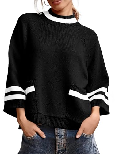 Cicy Bell Womens Oversized Sweater 3/4 Sleeve Mock Neck Color Block Chunky Knit Sweaters Casual Fall Pullover Tops2
