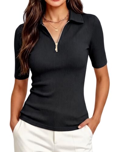 Meetrendi Women's Half Sleeve Work Blouse Zipper Fitted Business Shirt