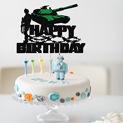 Bejotaa Black Glitter Silver Tank Soldier Cake Topper, Happy Birthday Veteran's Day Cake Topper,Military Themed Cake Topper (Black And Green) #TOP4
